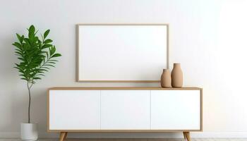 Minimalist Frame and Wooden Console with Silhouette Lighting AI generated photo