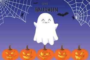 Happy Halloween banner or party invitation with Flying Ghost Boo, pumpkins and cobwebs. Vector illustration. Vector