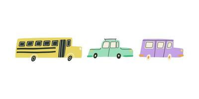 Set with cute cars in a flat style. Hand drawn vector illustration.