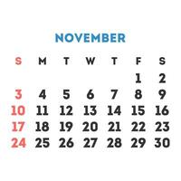 November 2024 month calendar. Vector illustration.