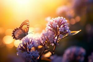 Macro photography, butterflies in the flowers with morning light with copy space.Created with Generative AI technology. photo