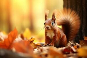 Cute squirrel in the autumn forest with autumn leaves. photo