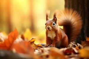 linda ardilla en el otoño bosque con otoño hojas. foto