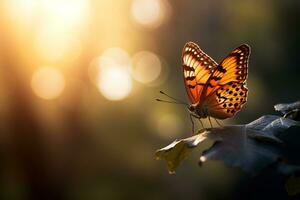 Macro photography, butterflies in the flowers with morning light with copy space.Created with Generative AI technology. photo