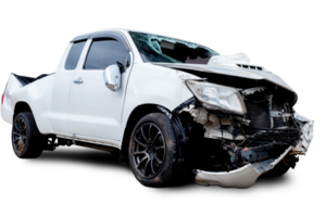 PNG formaat van voorkant en kant visie van wit oppakken auto krijgen beschadigd door ongeluk Aan de weg. beschadigd auto's na botsing. geïsoleerd Aan transparant achtergrond