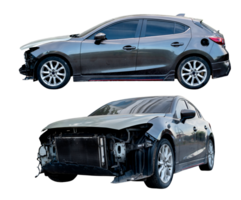 Side of modern black car get damaged by accident on the road. damaged cars after collision. isolated on transparent background, PNG File format