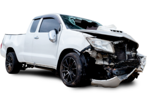 PNG format of Front and Side view of white pickup car get damaged by accident on the road. damaged cars after collision. isolated on transparent background