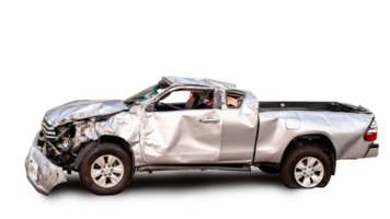 Side view of gray or bronze pickup car get damaged by accident on the road. damaged cars after collision. isolated on transparent background, PNG File format