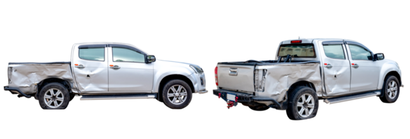 Set of Side view of gray or bronze pickup car get damaged by accident on the road. damaged cars after collision. isolated on transparent background, PNG File format