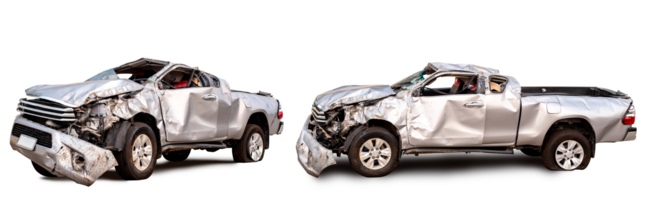 Set of Side view of gray or bronze pickup car get damaged by accident on the road. damaged cars after collision. isolated on transparent background, PNG File format