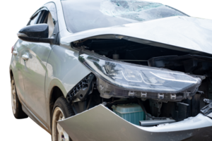 PNG format of Front and side of bronze or gray car get damaged by accident on the road. damaged cars after collision. isolated on transparent background, car crash bumper on the road for graphic