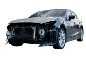 Front and side of black car get damaged by accident on the road. damaged cars after collision. isolated on transparent background, car crash bumper on the road for graphic design element, PNG File