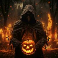 Scary figure in a hood with pumpkin on a flaming background. Generative AI photo