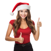 mooi jong meisje in een de kerstman hoed met duimen omhoog png