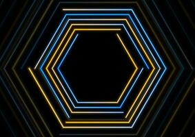 Blue and orange glowing neon hexagonal frame vector