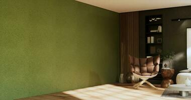 Empty room - green wall on wood floor interior and decorations plants. 3D rendering photo