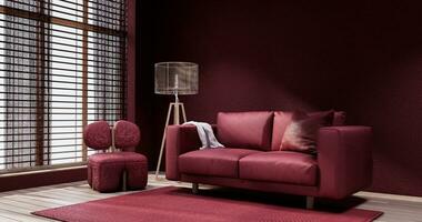 Viva magenta Living room with red wall and armchair japandi style. photo