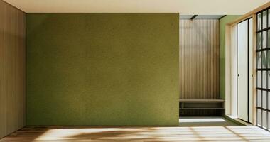 vacío habitación - verde pared en madera piso interior y decoraciones plantas. 3d representación foto
