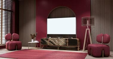 Cabinet in Viva magenta Living room with red wall and armchair japandi style. photo