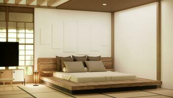 Japón estilo vacío habitación decorado con de madera cama, blanco pared y de madera pared. foto