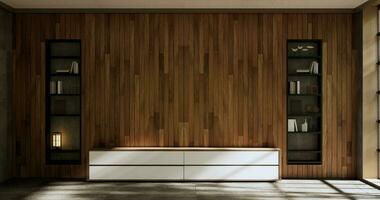 gabinete de madera vacío en la sala de madera de estilo tropical. Representación 3D foto