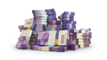 3d rendering of 1000 Stacks of Swiss Franc notes. bundles of Swiss Franc notes isolated on transparent background png