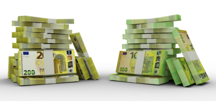 3d rendering of Stacks of Euro notes. bundles of Euro currency notes isolated on transparent background png