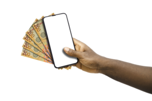 Black hand holding mobile phone with blank screen and Lesotho loti notes png