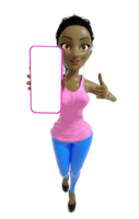 3D rendering of black cartoon lady character holding and showing smartphone with blank screen isolated on transparent png background