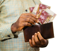 Black person Holding brown wallet With Lesotho Loti notes, hand removing money out of wallet over transparent background removing money from wallet png