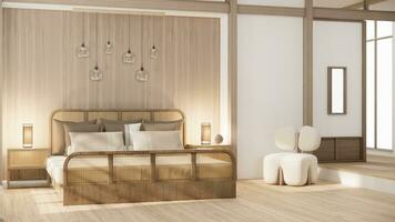 Japón estilo vacío habitación decorado con de madera cama, blanco pared y de madera pared. foto