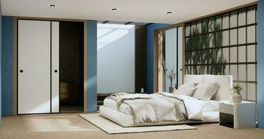 Wabi sabi bed and decoartion plants in japanese Blue bedroom. 3D rendering. photo