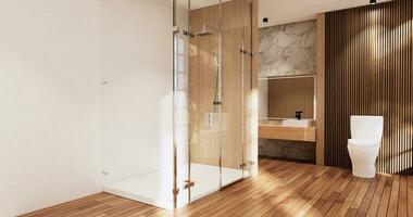 The Bath and toilet on bathroom japanese wabi sabi style .3D rendering photo