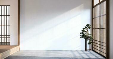 Japón estilo vacío habitación decorado con blanco pared y madera lama pared foto