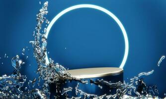 blue podium and water drop Abstract on the blue background. photo