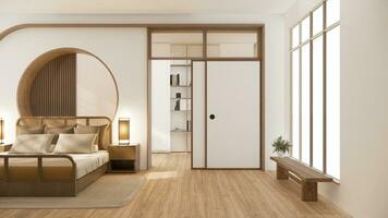 Bedroom japanese minimal style.,Modern white wall and wooden floor, room minimalist. 3D rendering photo