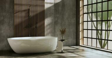 The Bath and toilet on bathroom japanese wabi sabi style .3D rendering photo