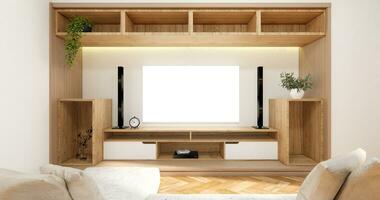 Tv cabinet in modern empty room wall shelf design hidden light Japanese - zen style,minimal designs. photo