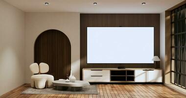 Cabinet wooden japandi design on living room wabi sabi style empty wall background.3D rendering photo