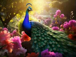 Graceful Peacock Amidst Beautiful Flowers. AI Generated. photo