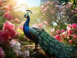 Graceful Peacock Amidst Beautiful Flowers. AI Generated. photo