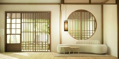 Minimalist japandi style living room decorated with sofa. photo