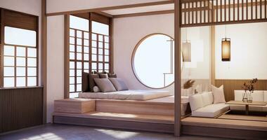 Japón estilo vacío habitación decorado con de madera cama, blanco pared y de madera pared. foto