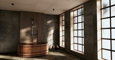 The Bath and toilet on bathroom japanese wabi sabi style .3D rendering photo