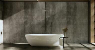 The Bath and toilet on bathroom japanese wabi sabi style .3D rendering photo