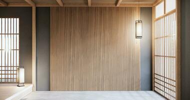 Japan style empty room decorated with white wall and wood slat wall photo