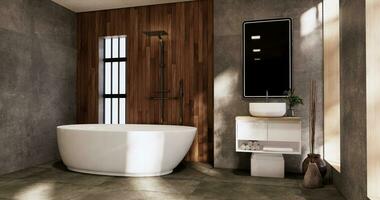 The Bath and toilet on bathroom japanese wabi sabi style .3D rendering photo