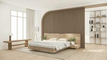 Bedroom japanese minimal style.,Modern white wall and wooden floor, room minimalist. 3D rendering photo