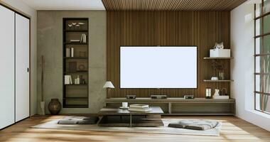 gabinete televisión de madera japonés diseño en habitación mínimo interior.3d representación foto