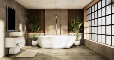 The Bath and toilet on bathroom japanese wabi sabi style .3D rendering photo